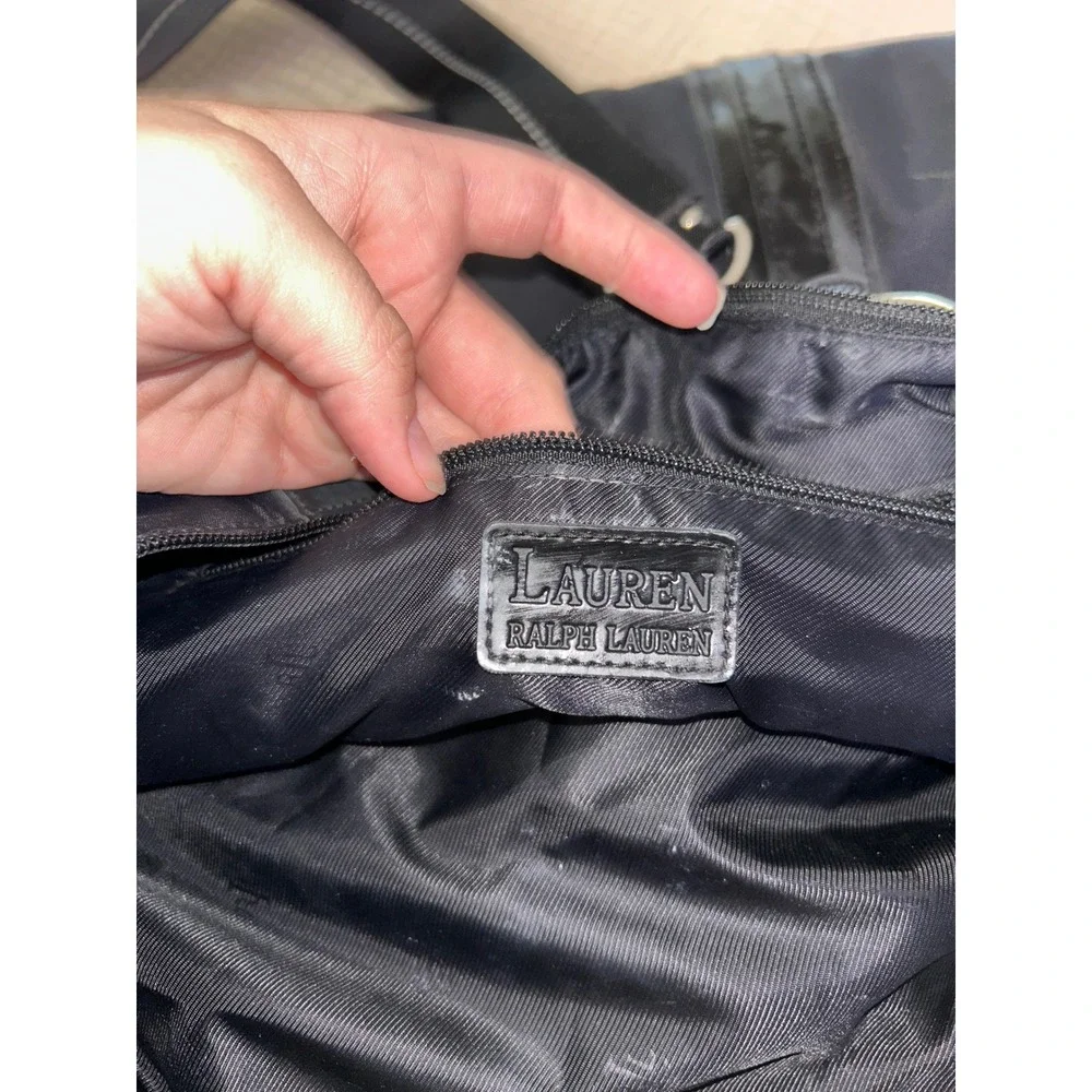 Lauren Ralph Lauren Black Nylon Satchel Shoulder Bag Silver Hardware Buckle Trim